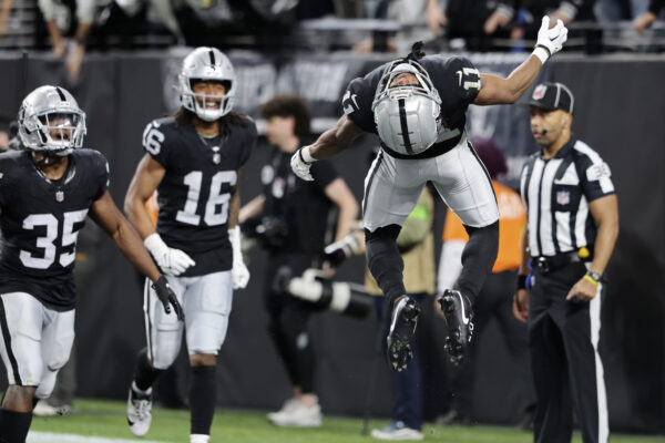 <b>LAS VEGAS — ‘Gotta dance,’ even in football:</b> Las Vegas Raiders wide receiver Tre Tucker (11) celebrates after scoring a touchdown against the Los Angeles Chargers during the first half of an NFL football game, Thursday, Dec. 14, 2023, in Las Vegas.<br>Photo: Steve Marcus/AP
