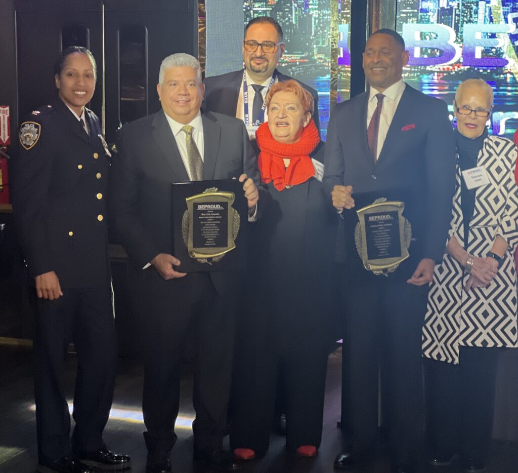 From left: Inspector Victoria Perry, commanding officer, Community Affairs Bureau; Brooklyn District Attorney Eric Gonzalez; Alex Zhorov, chairman and president of Be Proud Inc.; Raisa Chernina, executive director and founder of Be Proud Inc.; Deputy Commissioner Mark Stewart; and Theresa Scavo, chair of Community Board 15 at 18th annual Police Appreciation Luncheon.Photos: Wayne Daren Schneiderman/Brooklyn Eagle