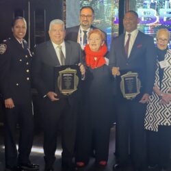 From left: Inspector Victoria Perry, commanding officer, Community Affairs Bureau; Brooklyn District Attorney Eric Gonzalez; Alex Zhorov, chairman and president of Be Proud Inc.; Raisa Chernina, executive director and founder of Be Proud Inc.; Deputy Commissioner Mark Stewart; and Theresa Scavo, chair of Community Board 15 at 18th annual Police Appreciation Luncheon.Photos: Wayne Daren Schneiderman/Brooklyn Eagle