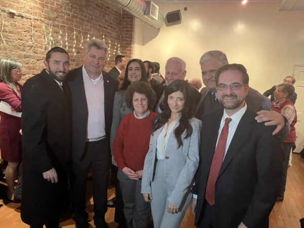 From left: Assemblymember Simcha Eichenstein, R-48th; Assemblymember Alec Brook-Krasny, R-46th; U.S. Rep. Nicole Malliotakis, R-11th; Fran Vella-Marrone, chair, Kings County Conservative Party; former State Sen. Marty Golden; Councilwoman Inna Vernikov, R-48th; Richie Barsamian, chair, Kings County Republican Party; and Councilmember Kalman Yeger, D-44th at Kings County Conservative Party gala.