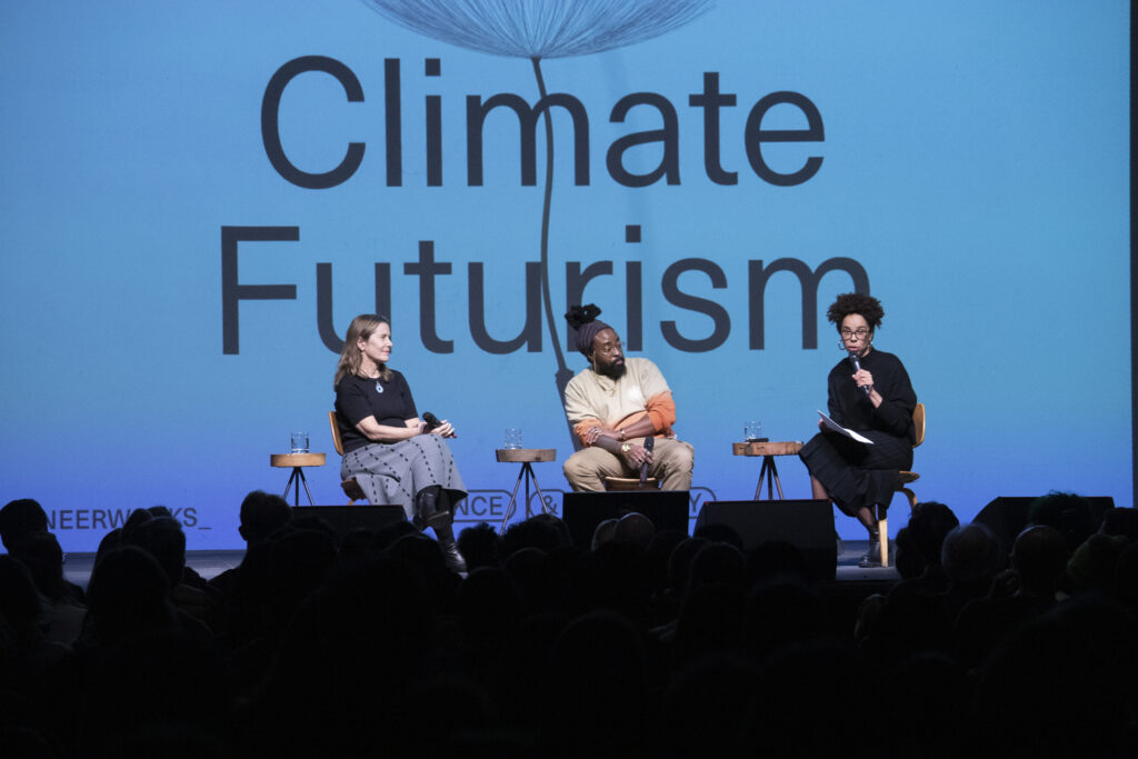 The Climate Futurism panel: (left) Paola Antonelli, Senior Curator of Architecture and Design at MoMA; (middle) Olalekan Jeyifous, interdisciplinary artist and lecturer at Yale; (right) Dr. Ayana Elizabeth Johnson Pioneer Works science scholar.Photos: John McCarten/Brooklyn Eagle