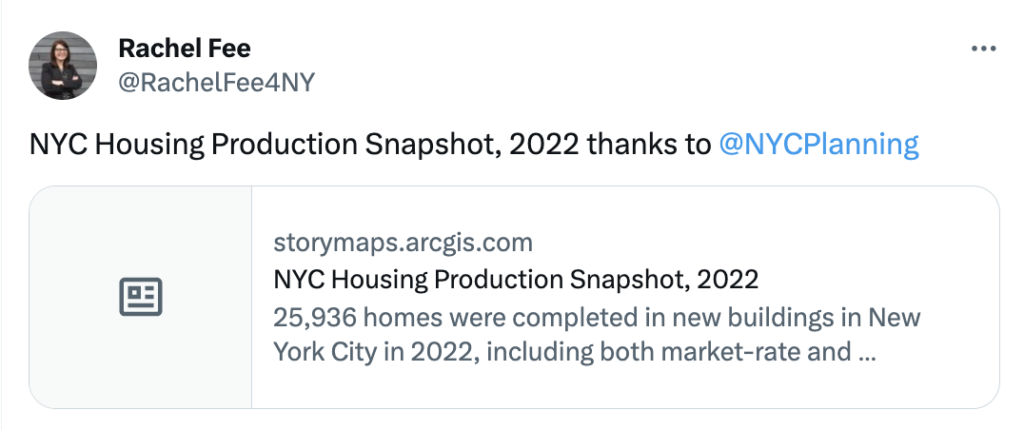 Rachel Fee tweet about NYC housing production.