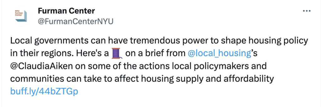 Furman Center tweet about on local policymakers