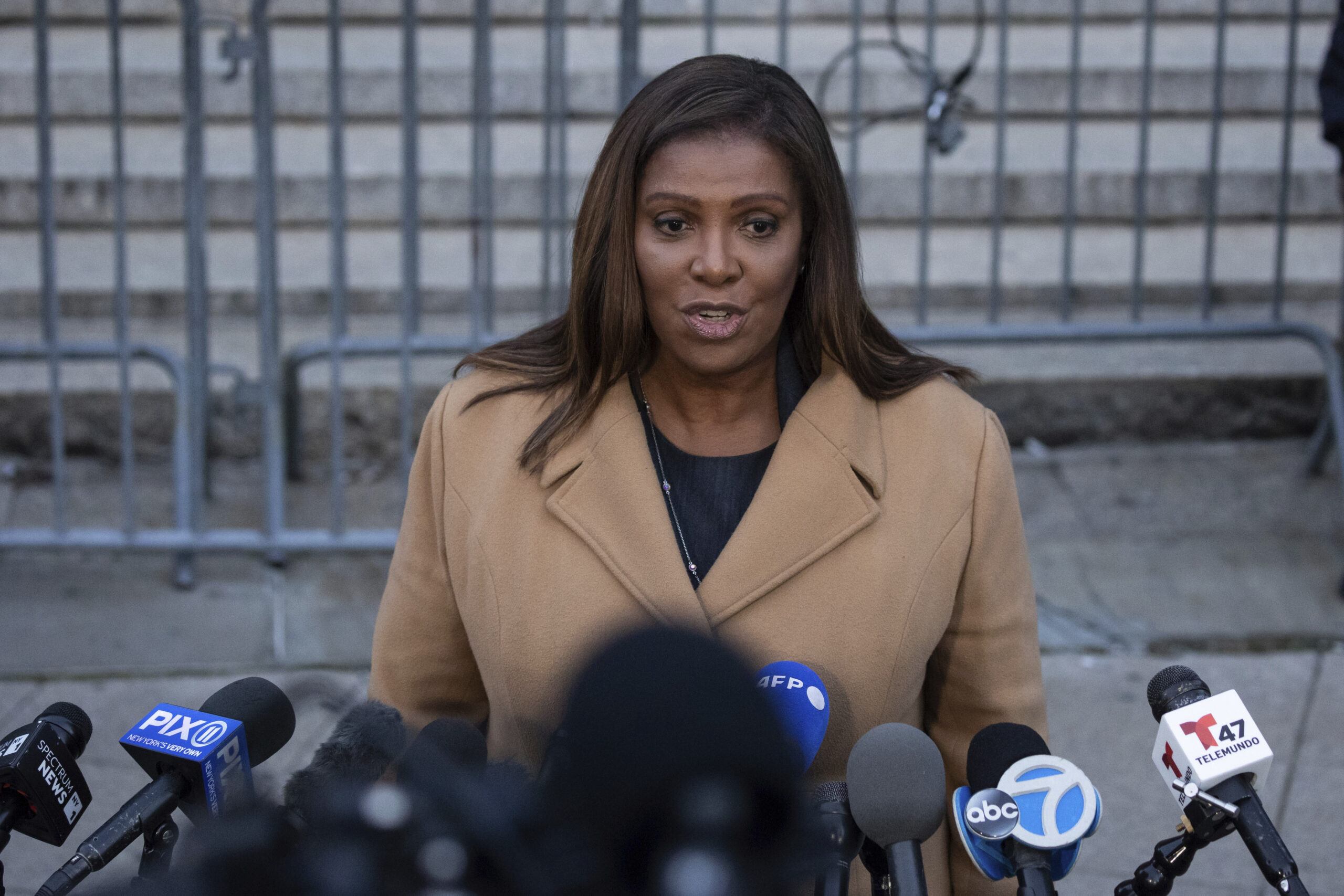 New York Attorney General Letitia James addresses the media outside New York Supreme Court, Wednesday, Nov. 8, 2023, in New York, following proceedings in a civil fraud trial against former President Donald Trump. (AP Photo/Yuki Iwamura)