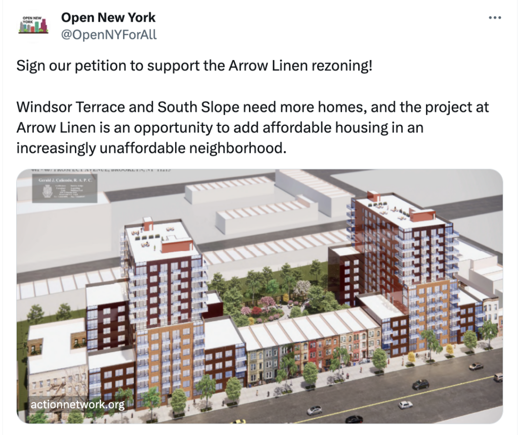 Open New York tweet about arrow linen rezoning.