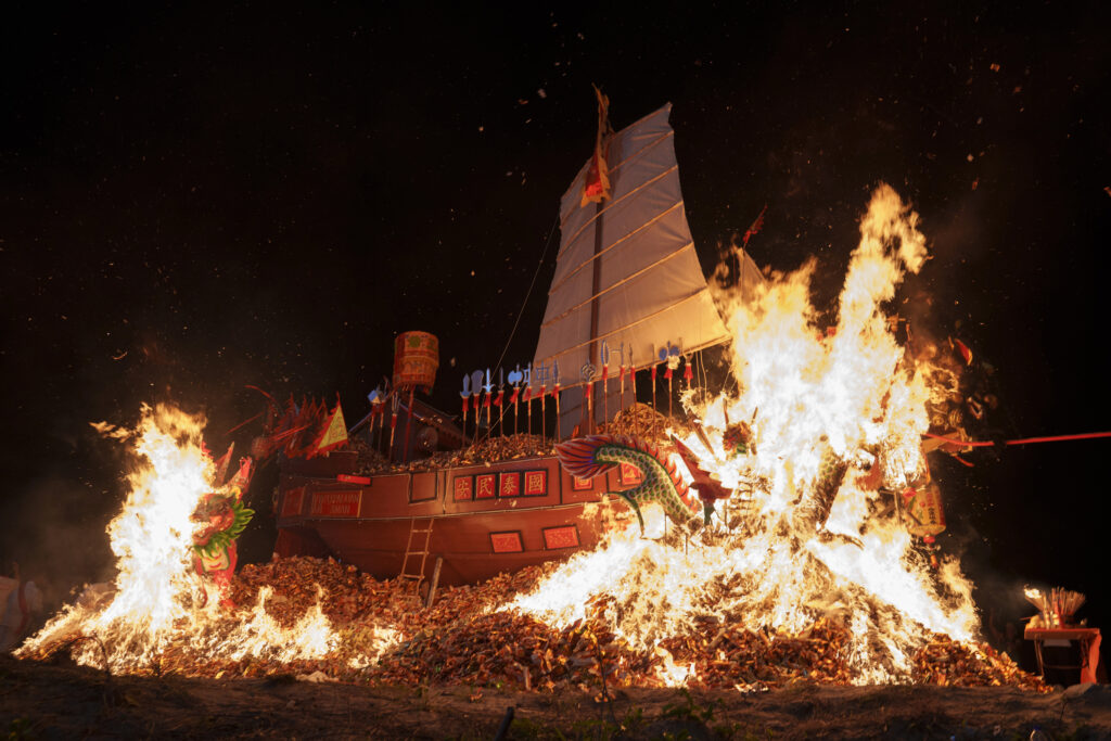 MALAYSIA — “Royal Ship” Festival ushers souls to final rest: Wangkang ship is set aflame during the night culminating ceremony so that the collected spirits can symbolically sail into another realm during the Wangkang or "royal ship" festival in Malacca, Malaysia, Thursday, Jan. 11, 2024. The Wangkang festival was brought to Malacca by Hokkien traders from China and first took place in 1854. Processions have been held in 1919, 1933, 2001, 2012 and 2021.Photo: Vincent Thian/AP