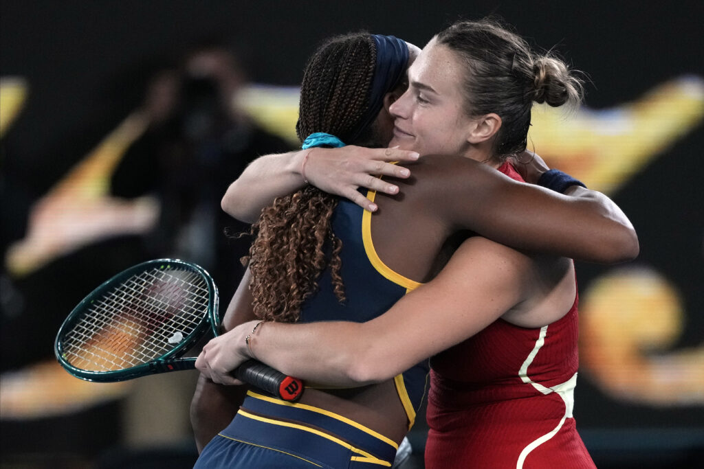 <b>MELBOURNE — Championship camaraderie:</b> Aryna Sabalenka, right, of Belarus is congratulated by Coco Gauff of the U.S. following their semifinal match at the Australian Open tennis championships at Melbourne Park, Melbourne, Australia, Thursday, Jan. 25, 2024.<br>Photo: Alessandra Tarantino/AP