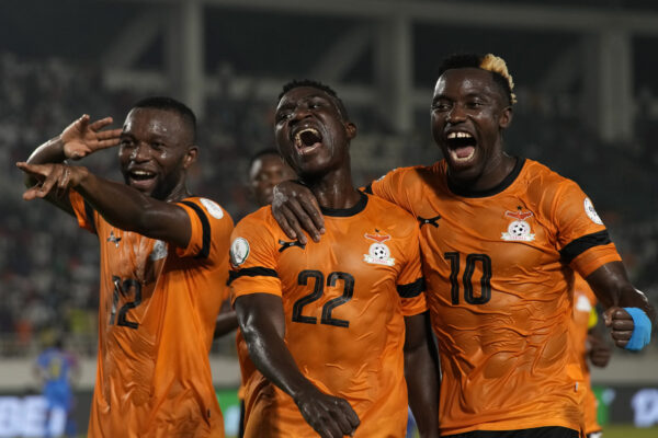 IVORY COAST — ‘Talkin’ ‘bout my girl… my girl’: Zambia's Kings Kangwa, center, celebrates with teammates after scoring his side's first goal during the African Cup of Nations Group F soccer match between DR Congo and Zambia in San Pedro, Ivory Coast, Wednesday, Jan. 17, 2024.Photo: Themba Hadebe/AP