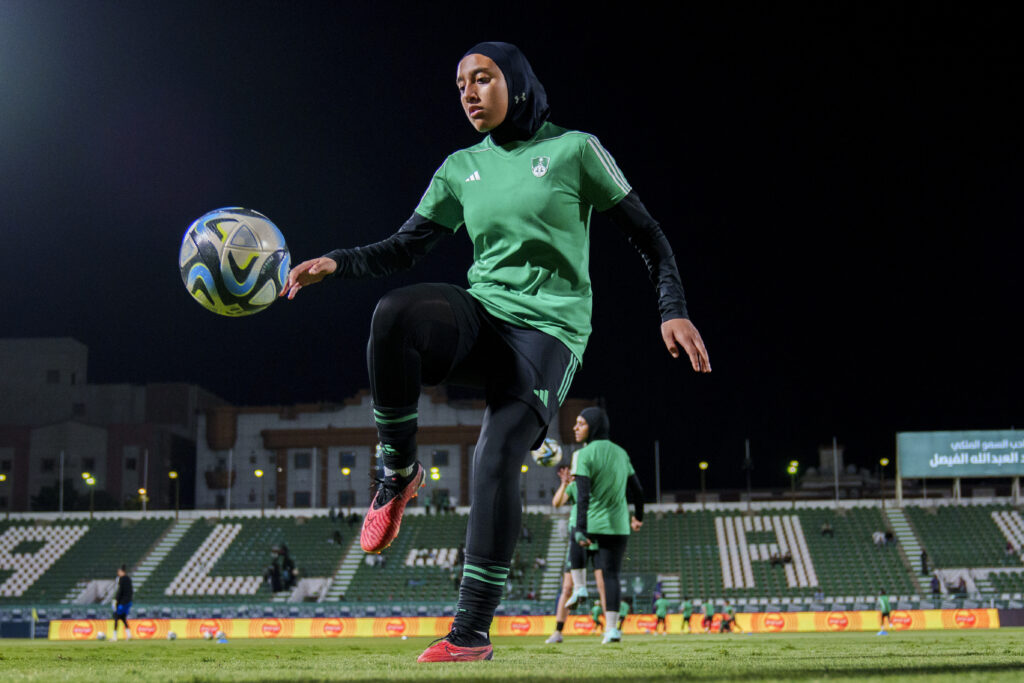 SAUDI ARABIA — ‘She got game’ time for Saudi soccer: Al Ahli's Joury Ismail controls the ball during the warm-up before the women's Premier League soccer match between Al Ahli FC and Al Ittihad FC at the Al-Ahli Club stadium in Jeddah, Saudi Arabia, Thursday, Dec 14, 2023. At the same time, a women's soccer project has quietly and steadily grown since the wider reset in the Saudi soccer federation in 2019. A national team was launched, and the Saudi Women's Premier League is now in its second season with eight teams.Photo: Manu Fernandez/AP