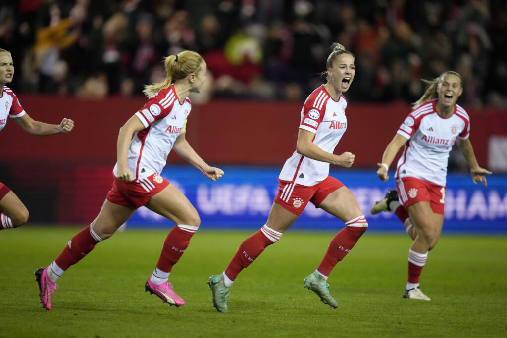 MUNICH — ‘How did we all get stuck in this same outfit?’: Bayern's Giulia Gwinn, 2nd right, celebrates after scoring the opening goal during the women's Champions League group C soccer match between FC Bayern Munich and Paris Saint-Germain at the FC Bayern Campus in Munich, Germany, Tuesday, Jan. 30, 2024.Photo: Matthias Schrader/AP