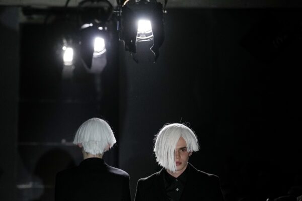 <b>PARIS — A loud cheer comes from Florida — ‘White hair is back!’:</b> A model wears a creation for Comme Des Garcons as part of the Menswear ready-to-wear Fall-Winter 2024-2025 collection presented in Paris, Friday, Jan. 19, 2024.<br>Photo: Christophe Ena/AP