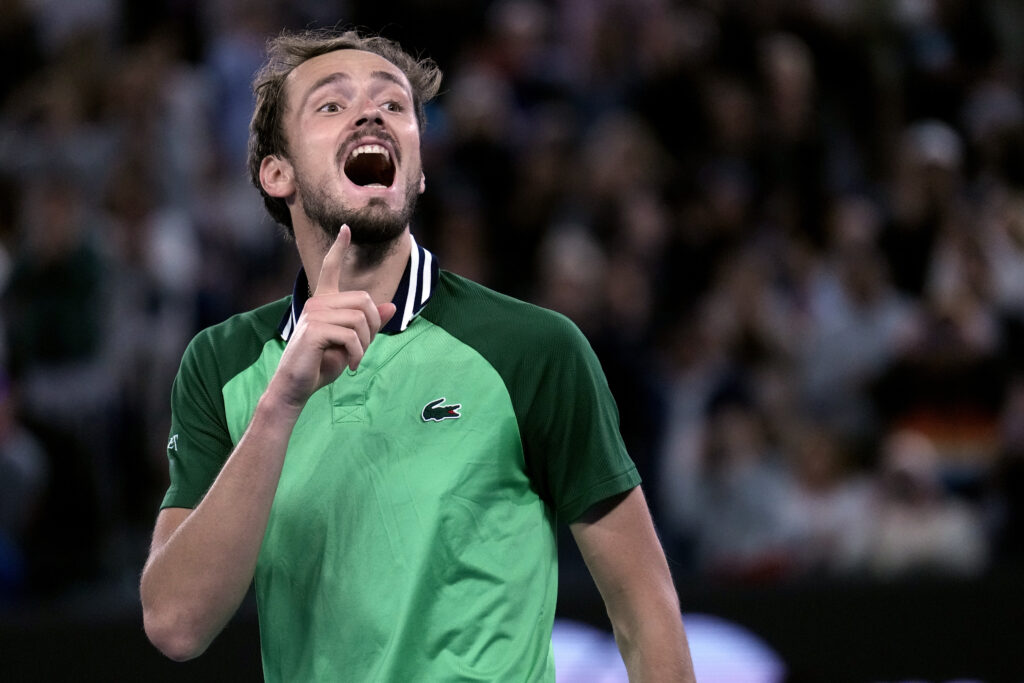 MELBOURNE — ‘I’m number one, and don’t you forget it!’: Daniil Medvedev of Russia celebrates after defeating Alexander Zverev of Germany in their semifinal at the Australian Open tennis championships at Melbourne Park, Melbourne, Australia, early Saturday, Jan. 27, 2024.Photo: Andy Wong/AP