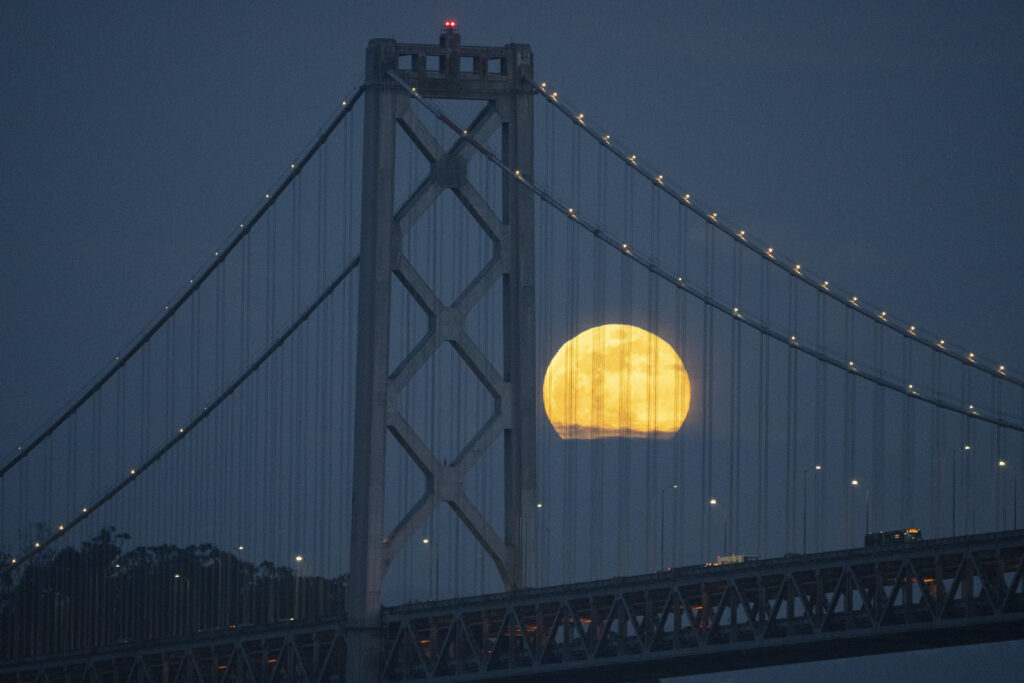 SAN FRANCISCO BAY — ‘Moon to fog, this is MY time’: A full moon rises over a tower of the San Francisco-Oakland Bay Bridge in San Francisco, Thursday, Jan. 25, 2024.Photo: Eric Risberg/AP