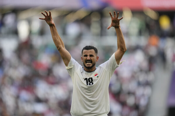 <b>QATAR — ‘Hmm… this usually works on bears’:</b> Iraq's Aymen Hussein celebrates after scoring his side's second goal during the Asian Cup Group C soccer match between Iraq and Japan at the Education City Stadium in Al Rayyan, Qatar, Friday, Jan. 19, 2024.<br>Photo: Aijaz Rahi/AP