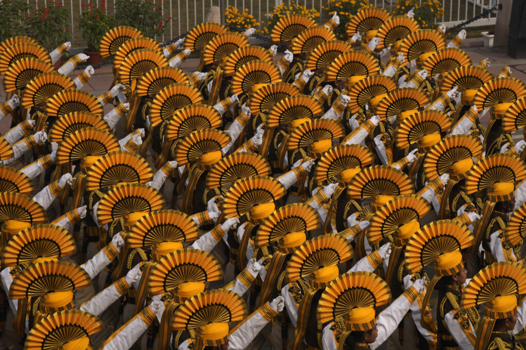 INDIA — Another public display of ... well, color: Indian defense forces march on the ceremonial street Kartavyapath Boulevard during India's Republic Day parade celebrations in New Delhi, India, Friday, Jan. 26, 2024.Photo: Manish Swarup/AP