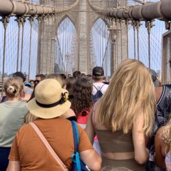 The crowds on the Brooklyn Bridge pedestrian walkway have been steadily increasing since the bike lane was removed during the de Blasio administration. This photo shows the walkway during the summer of 2023.Photos: Mary Frost, Brooklyn Eagle