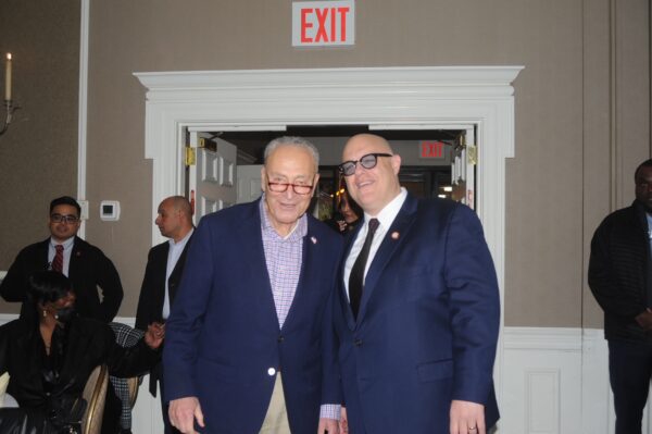 From left: Senate Majority Leader Charles “Chuck” Schumer and Councilmember Justin Brannan at Brannan’s inaugural gala.