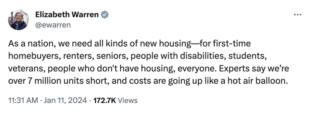 Elizabeth Warren tweet about housing