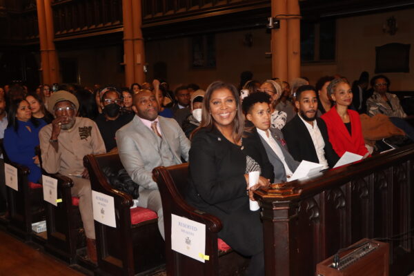 In the audience, AG Letitia James, Council Member Crystal Hudson, Borough President Antonio Reynoso and Maya Wiley are prominently seated, witnessing the momentous occasion.