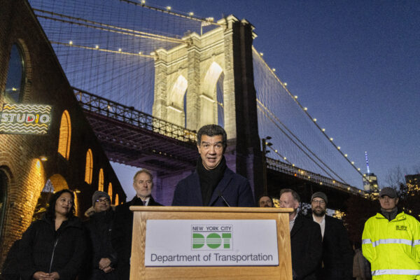 NYC DOT Commissioner Ydanis Rodriguez at Brooklyn Bridge LED lighting.