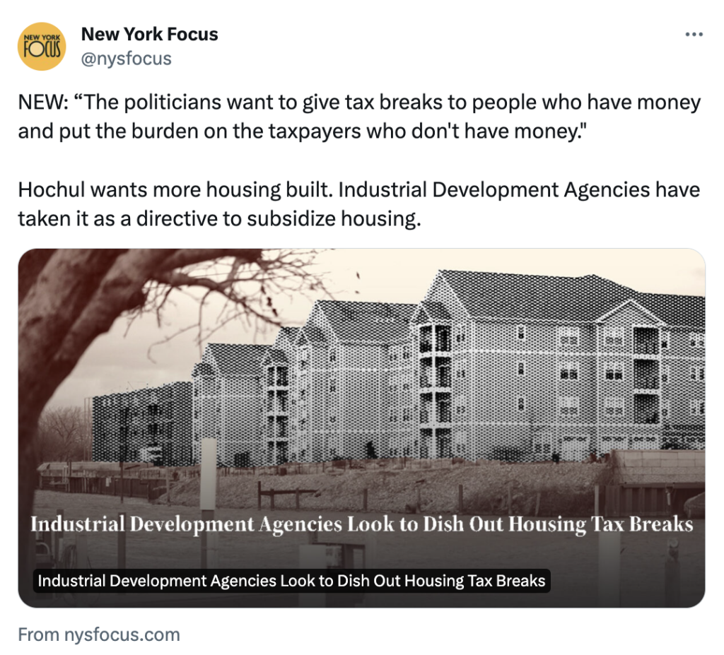 New York Focus tweet about tax breaks