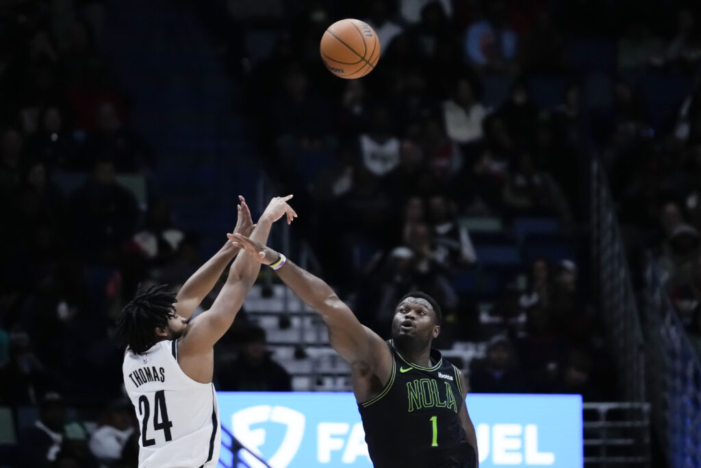 Cam Thomas hoists up one of his 11 missed shots during the Nets’ dismal showing in New Orleans Tuesday night.Photo: Gerald Herbert/AP