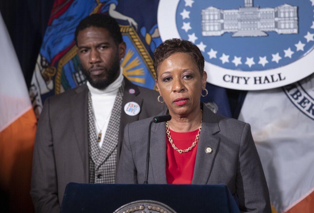 Speaker Adrienne Adams said that the Council was "proud" to override the mayor's veto on police and prison reform legislation. Behind her in this file photo is Public Advocate Jumaane Williams.Photo: John McCarten/City Council
