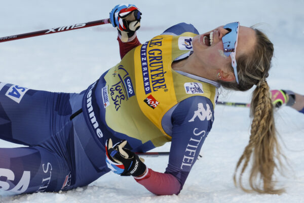 <b>ITALY — No matter what form it takes, resting is necessary after a cross-country ski win:</b> United States's Jessie Diggins celebrates winning the cross-country ski, women's Tour de Ski overall standings, in Val di Fiemme, Italy, Sunday, Jan. 7, 2024.<br>Photo: Alessandro Trovati/AP