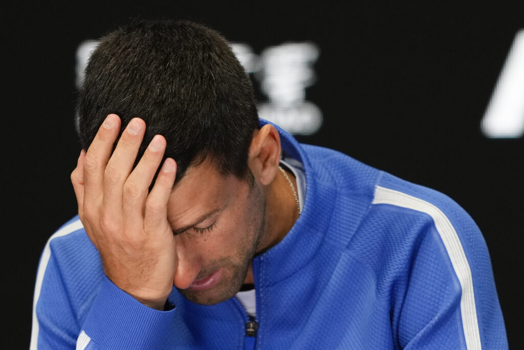 MELBOURNE — Facing facts — sometimes sinners prevail: Novak Djokovic of Serbia reacts during a press conference following his loss to Jannik Sinner of Italy in their semifinal at the Australian Open tennis championships at Melbourne Park, Melbourne, Australia, Friday, Jan. 26, 2024.Photo: Louise Delmotte/AP