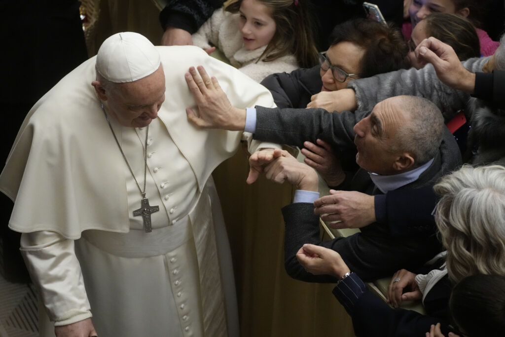VATICAN — Doing the work of the church, growing the flock: Pope Francis meets with employees of TV2000 e Radio InBlu in the Paul VI hall at the Vatican, Monday, Jan. 29, 2024.Photo: Gregorio Borgia/AP
