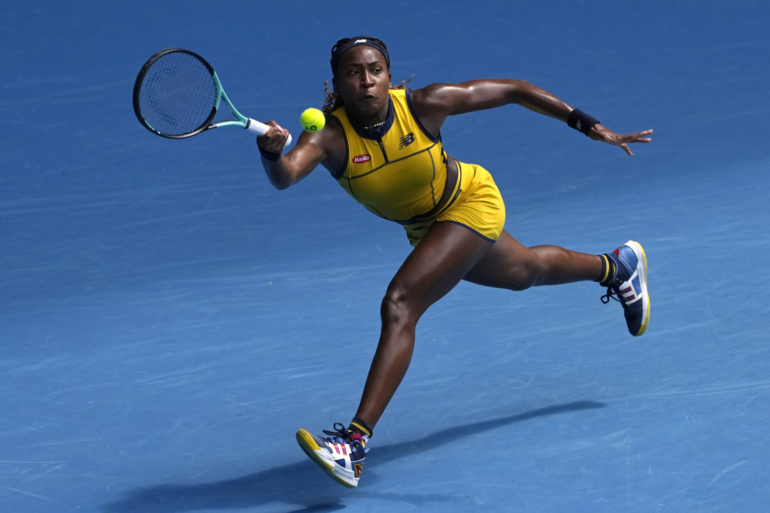 MELBOURNE — Moments of triumph, exertion and pain:Coco Gauff of the U.S. plays a forehand return to compatriot Caroline Dolehide during their second-round match at the Australian Open tennis championships at Melbourne Park, Melbourne, Australia, Wednesday, Jan. 17, 2024.Photo: Andy Wong/AP