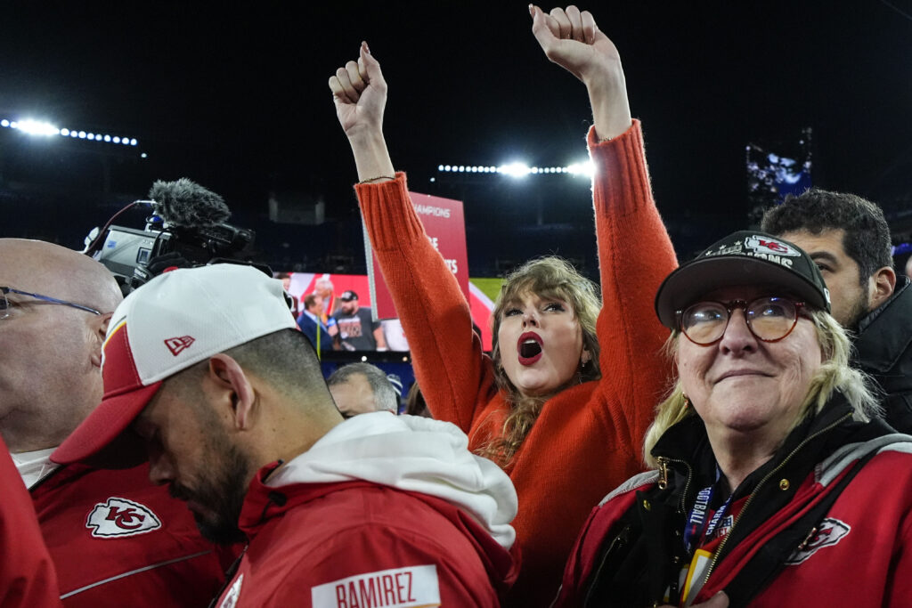 BALTIMORE — ‘Woohoo, we’re going to Disney World — oops, I mean Vegas and the Superbowl’: Taylor Swift, left, and Donna Kelce watch the Kansas City Chiefs receive the Lamar Hunt trophy after an AFC Championship NFL football game between the Baltimore Ravens and the Kansas City Chiefs, Sunday, Jan. 28, 2024, in Baltimore. The Kansas City Chiefs won 17-10.Photo: Julio Cortez/AP