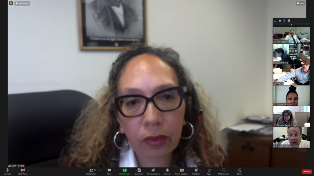 Judge Juliet P. Howard engaged with members of the Kings County Housing Court Bar Association during a virtual session on the intricacies of public benefits and rental assistance programs.Screenshots via Zoom