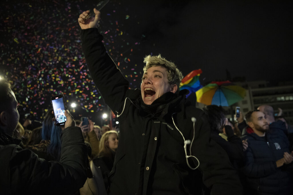 ATHENS — A progressive wave washes over an ancient nation: A supporter of the same-sex marriage bill reacts during a rally at central Syntagma Square in Athens, Greece, Thursday, Feb. 15, 2024. Greece's lawmakers approved a bill that allows same-sex marriage, making the country the first Orthodox Christian to do so.Photo: Michael Varaklas/AP
