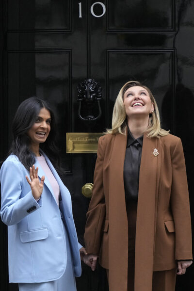 LONDON — First Lady photo op: Akshata Murty, wife of the British Prime Minister Rishi Sunak, left, greets the First Lady of Ukraine, Olena Zelenska, on the doorstep of 10 Downing Street in London, Thursday, Feb. 29, 2024.Photo: Alastair Grant/AP