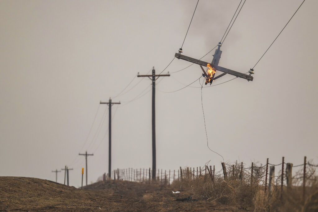 TEXAS — Nature’s revenge: A telephone pole burns from the Smokehouse Creek Fire, Wednesday, Feb. 28, 2024, in Canadian, Texas.Photo: David Erickson/AP