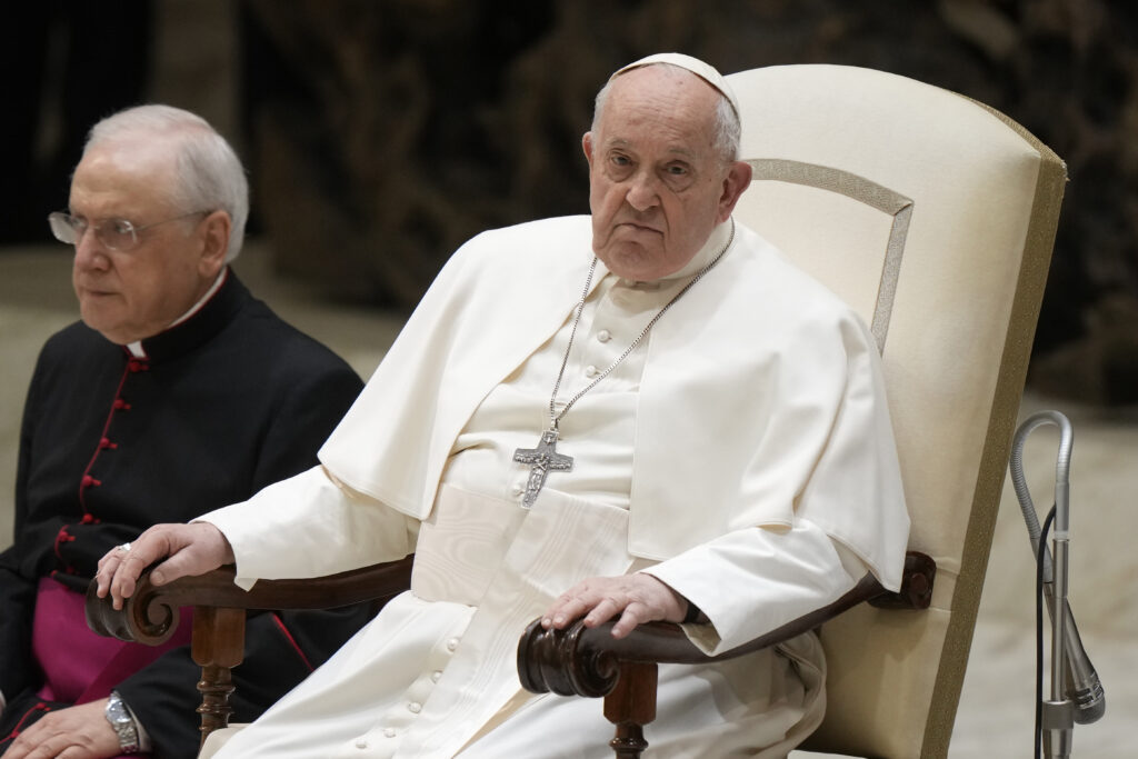 <b>VATICAN — The patience of a saint, the pomp of a pope:</b> Pope Francis attends his weekly general audience in the Paul VI Hall at the Vatican, Wednesday, Feb. 28, 2024.<br>Photo: Andrew Medichini/AP