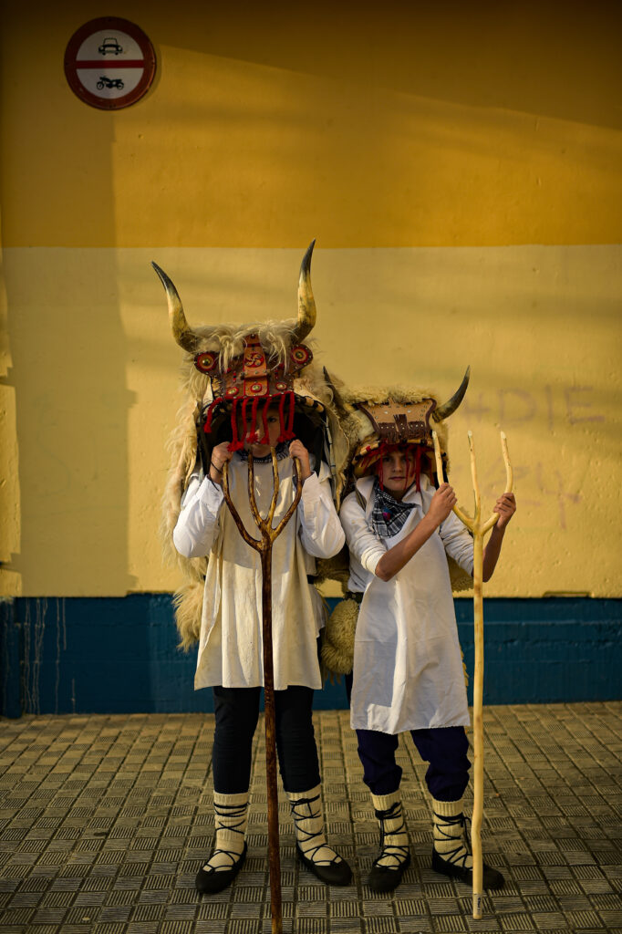 ALSASUA — Prehistoric ritual in Northern Spain: Momotxorros pose for a photo ahead to take part in the carnival wearing typical carnival costumes in Alsasua, northern Spain, Tuesday, Feb. 13, 2024. During the carnival, Momotxorros, characters who seem to have been resurrected from a prehistoric ritual, come out onto the streets wearing horns, hiding their faces under headscarves and dressed in a white sheet stained with blood.Photo: Alvaro Barrientos/AP