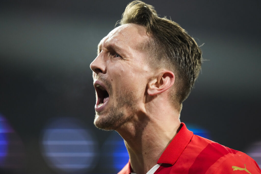 NETHERLANDS — Scoring in this game is so hard to do; getting a goal just brings out the veins: PSV's Luuk de Jong celebrates after scoring his side's first goal during the Champions League round of 16 first-leg soccer match between PSV Eindhoven and Borussia Dortmund at Philips stadium in Eindhoven, Netherlands, Tuesday, Feb. 20, 2024.Photo: Peter Dejong/AP