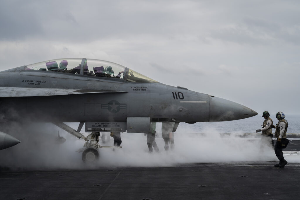 RED SEA — Our tax dollars at work: F/A-18F Super Hornet fighter jet takes off from the aircraft carrier U.S.S. Dwight D. Eisenhower, also known as the 'IKE' in the south Red Sea, Tuesday, Feb. 13, 2024.Photo: Bernat Armangue/AP