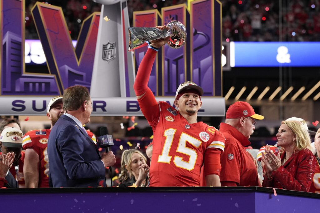 LAS VEGAS — The engineer who pulled it off under pressure: Kansas City Chiefs quarterback Patrick Mahomes (15) holds the Vince Lombardi Trophy after the NFL Super Bowl 58 football game against the San Francisco 49ers, Sunday, Feb. 11, 2024, in Las Vegas. The Chiefs won 25-22.Photo: John Locher/AP