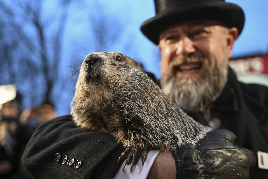 PENNSYLVANIA — This 138-year-old tradition baffles the groundhog and most humans: Groundhog Club handler A.J. Dereume holds Punxsutawney Phil, the weather prognosticating groundhog, during the 138th celebration of Groundhog Day on Gobbler's Knob in Punxsutawney, PA, Friday, Feb. 2, 2024. Phil's handlers said that the groundhog has forecast an early spring.Photo: Barry Reeger/AP