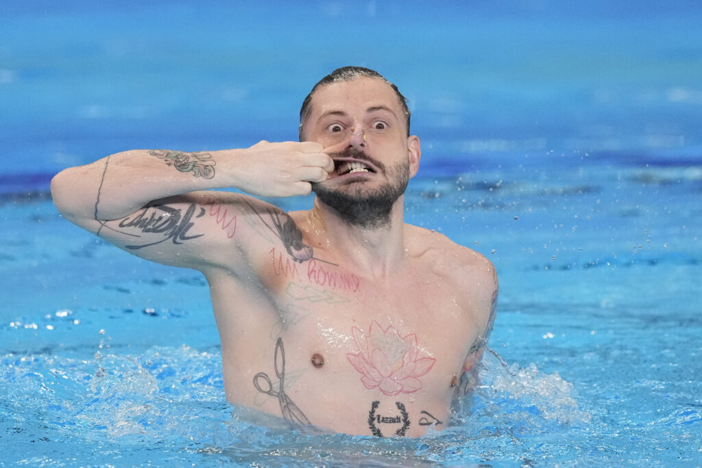 QATAR — ‘My next piercing will be a fish hook’: Renaud Barral of Belgium competes in the men's solo free of artistic swimming at the World Aquatics Championships in Doha, Qatar, Tuesday, Feb. 6, 2024.Photo: Lee Jin-man/AP
