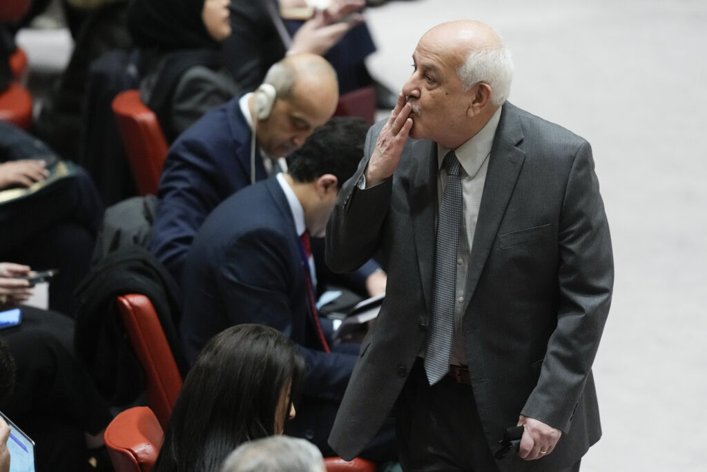 NEW YORK — All sorts of alliances going on at UN: Riyad Mansour, Palestinian Ambassador to the United Nations, blows a kiss to someone before the start of a Security Council meeting at United Nations headquarters, Tuesday, Feb. 20, 2024.Photo: Seth Wenig/AP