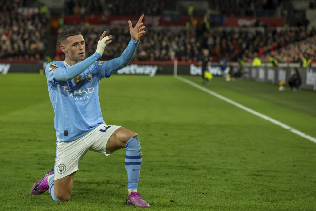 London — Take aim and shoot: Manchester City's Phil Foden celebrates after scoring his side's second goal during the English Premier League soccer match between Brentford and Manchester City at the Gtech Community Stadium in London, Monday, Feb. 5, 2024.Photo: Ian Walton/AP