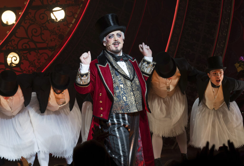 NEW YORK — The perfect addition to an already lavish performance: Boy George, center, is pictured on stage during the curtain call for his debut performance in "Moulin Rouge! The Musical" at the Al Hirschfeld Theatre on Tuesday, Feb. 6, 2024 in New York.Photo: Evan Agostini/Invision/AP