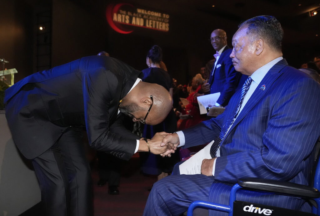 DALLAS — New anointed leader bows to the old: The Rev. Frederick D. Haynes III, left, bows while greeting the Rev. Jesse Jackson before speaking in Dallas late Thursday, Feb. 1, 2024. The civil rights group founded by Jackson in the 1970s is elevating a new leader for the first time in more than 50 years, choosing Haynes as his successor to take over the Rainbow PUSH Coalition.Photo: LM Otero/AP