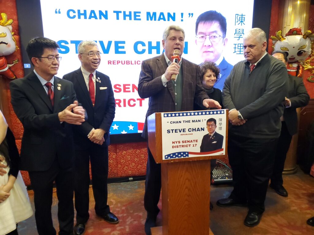From left: Steve Chan; Lester Chang, assemblymember, 49th District (representing Bath Beach, Bensonhurst, Borough Park and Dyker Heights); Alec Brook-Krasny, assemblymember, 46th District (representing Sheepshead Bay, Gerritsen Beach, Georgetown and parts of Marine Park); Fran Vella-Marrone, chair, Kings County Conservative Party; and Richie Barsamian, chair, Kings County Republican Party.