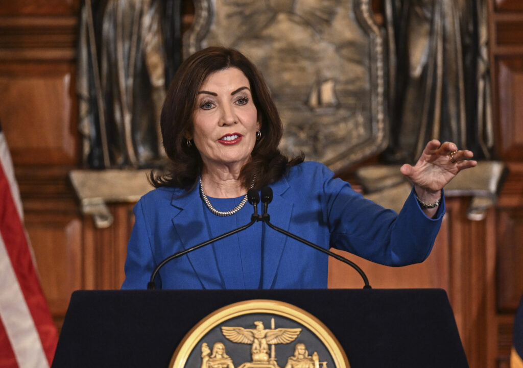 New York Gov. Kathy Hochul presents her 2025 executive state budget in the Red Room at the state Capitol Tuesday, Jan. 16, 2024, in Albany, N.Y. Hochul nominated Steven G. James, a former New York State Police deputy superintendent, as the top leader of the police force on Wednesday, which would make him the third Black person to hold the agency's highest rank.Photo: Hans Pennink/AP