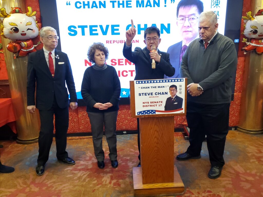 From left: Lester Chang, assemblymember, 49th District (representing Bath Beach, Bensonhurst, Borough Park, and Dyker Heights); Fran Vella-Marrone, chair, Kings County Conservative Party; Steve Chan, making a point; and Richie Barsamian, chairman, Kings County Republican Party.